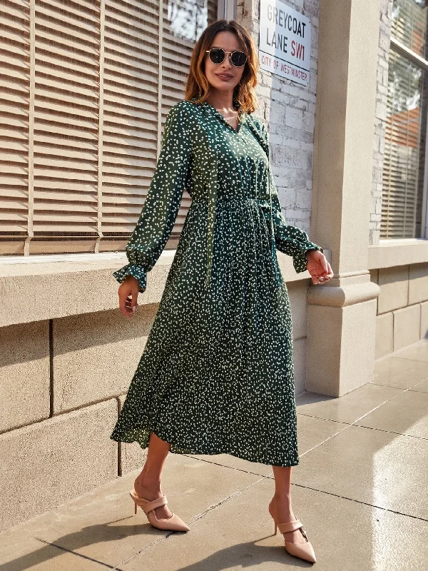 All Over Print Pleated Long Sleeve Tie Neck Pleated High Waist Long Dress