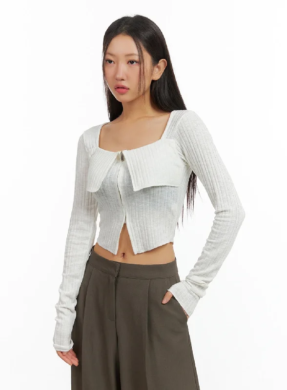 Slit Zip-Up Square Neck Crop Top IS402