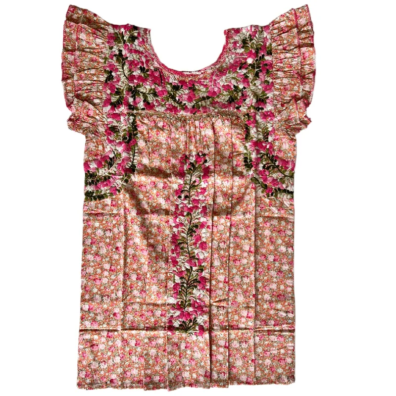 Pink/Green Floral Flutter Sleeve Blouse (Medium)