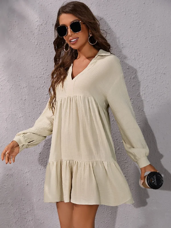 Plain Ruffle Hem Long Sleeve V Neck Flounce High Waist Short Dress