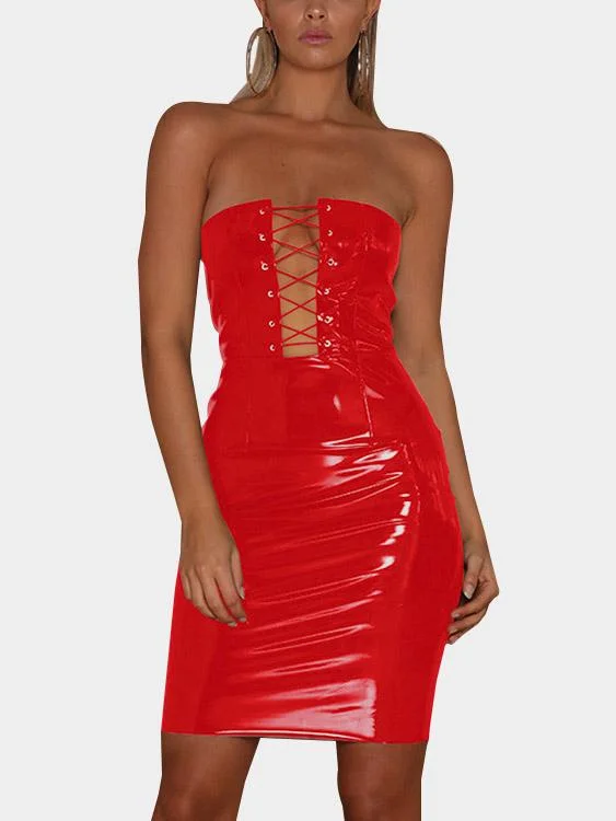 Wholesale Red Off The Shoulder Sleeveless Zip Back Backless Lace-Up Mini Dress