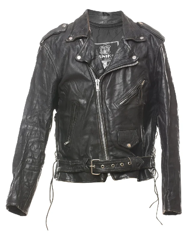 Biker Style Classic Black & Silver Leather Jacket - M