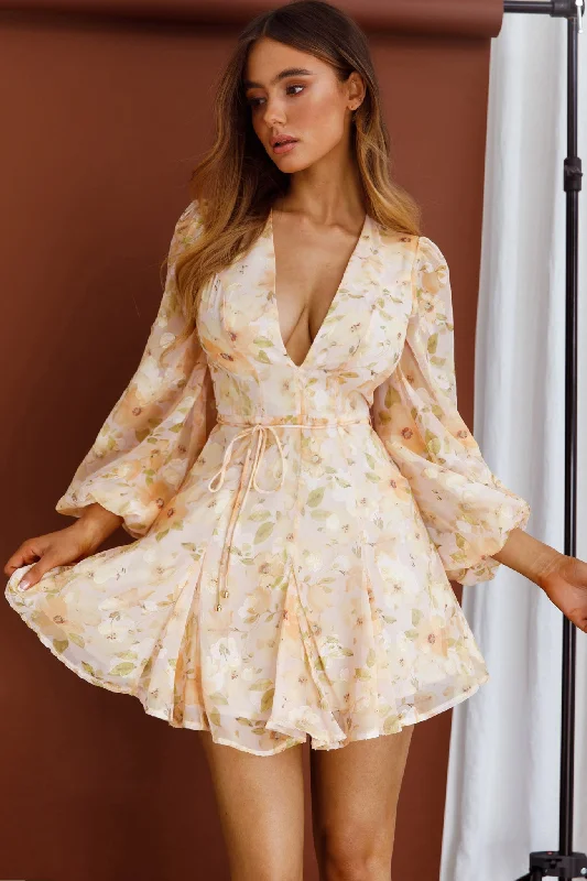 Estelle Long Sleeve V-Neckline Dress Watercolor Floral Print Peach