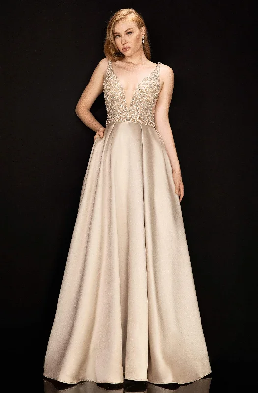 Terani Couture - 2011P1094 Embellished Deep V-neck Pleated A-line Gown