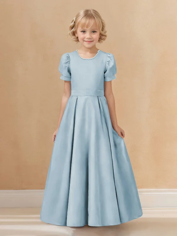 Princess Pearls Short Sleeves Satin Long Flower Girl Dresses