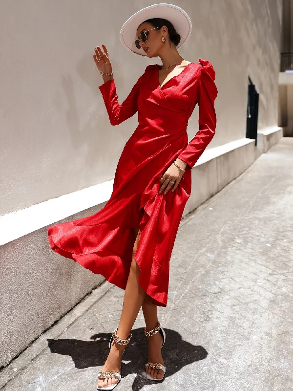 Plain Ruffle Hem Long Sleeve V Neck Wrap High Waist Long Dress