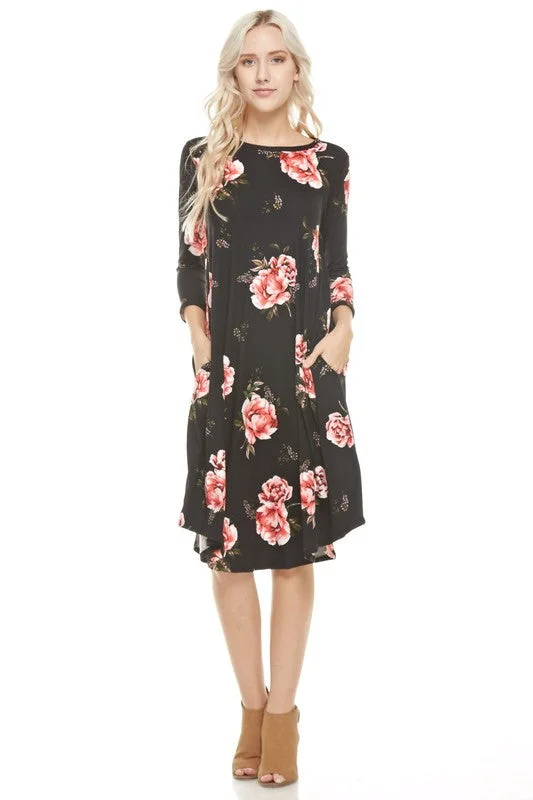 Black Floral Dress W/ Pockets