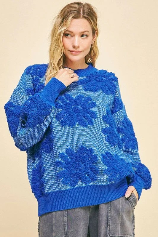 Flower Texture Round Neck Dropped Shoulder Sweater