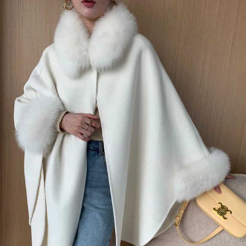 Cape Fox Fur Collar Cashmere Wavy Coat