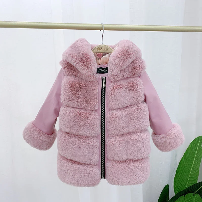 Children's Cotton Coat Rex Rabbit Hooded Faux Fur Coat