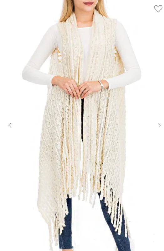 Zig Zag Crochet Knit Fringed Long Vest with Pom Pom