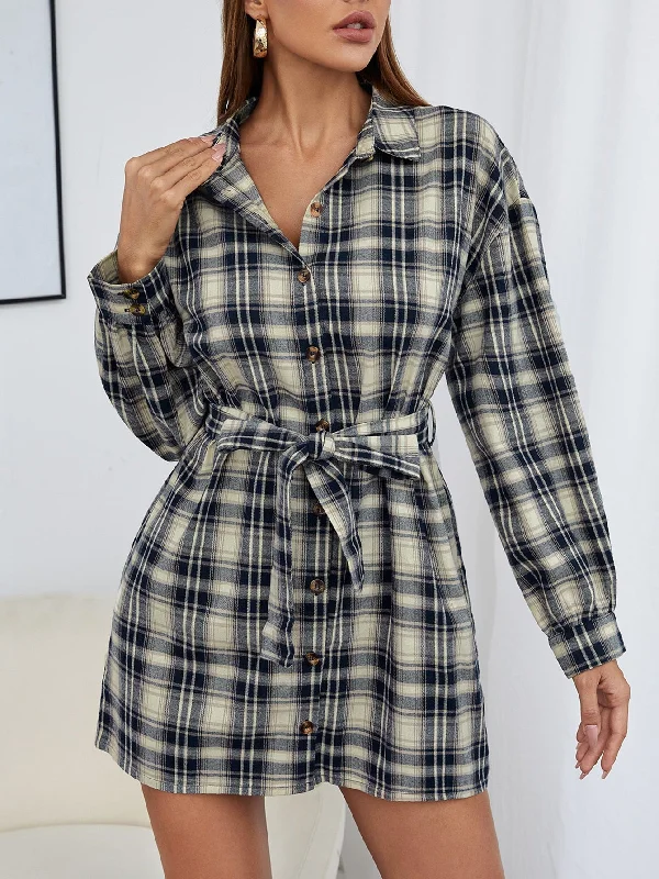 Tartan Button Long Sleeve Collar Straight High Waist Short Dress