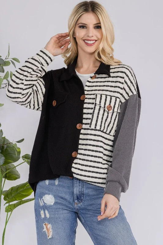 Celeste Full Size Striped Button Up Dropped Shoulder Shacket