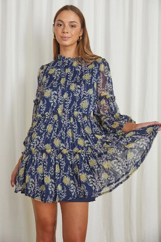 Beatrix High Neck Balloon Sleeve Dress Floral Midnight Blue