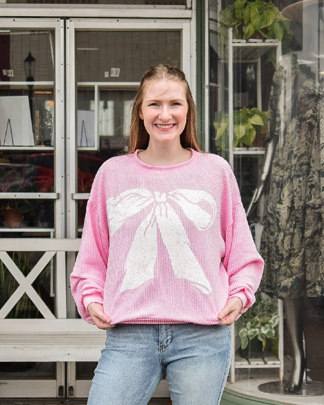 BOW RIBBED CORD SWEATSHIRT - PINK