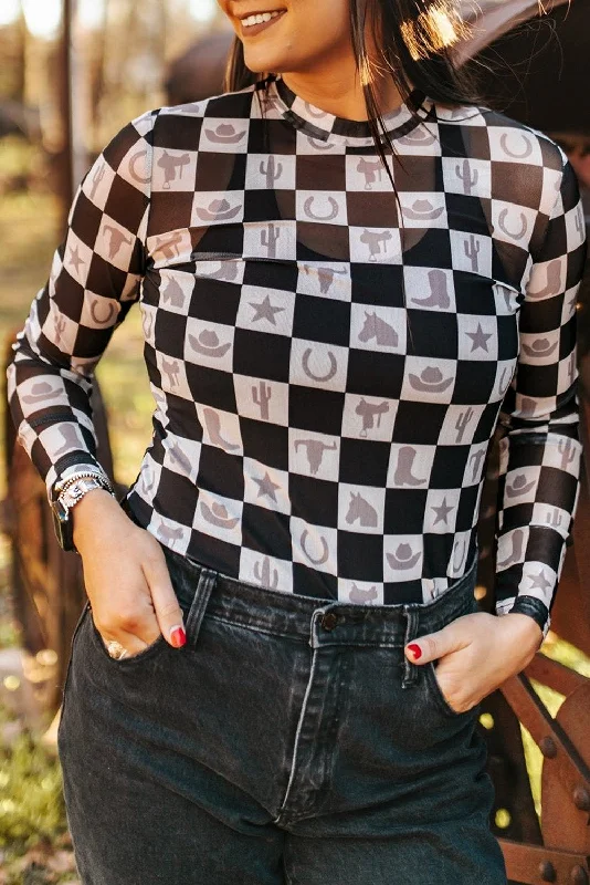 Black Checkerboard Mesh Slim Fit Long Sleeve Top