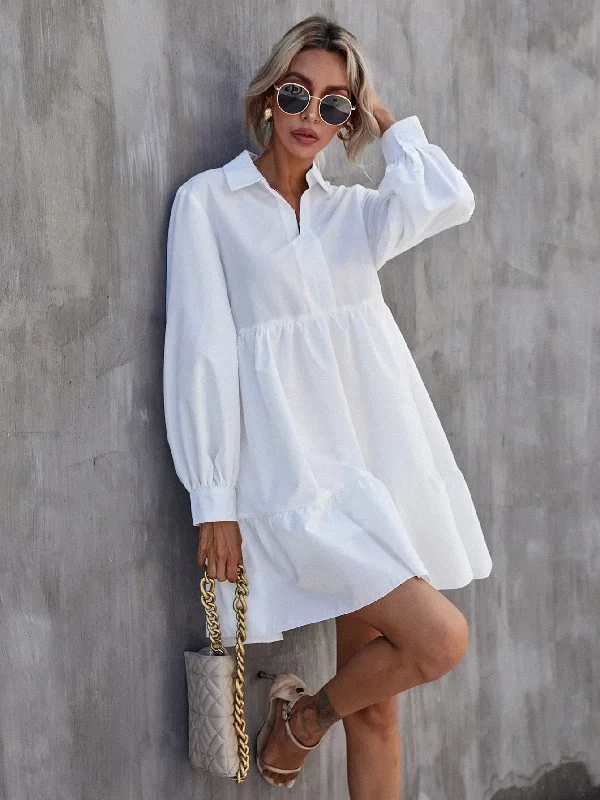 Plain Long Sleeve Collar Semi-Sheer Flounce High Waist Short Dress