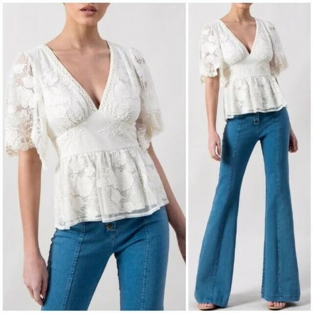 Dainty Cream Floral Lace Peplum Floral Top Casual Boho Blouse Womens