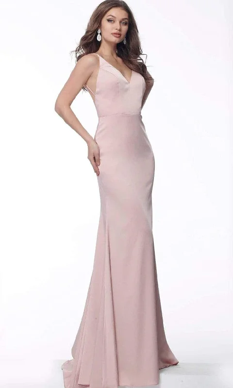 Jovani - 66682 V-Neck Satin Sheath Dress