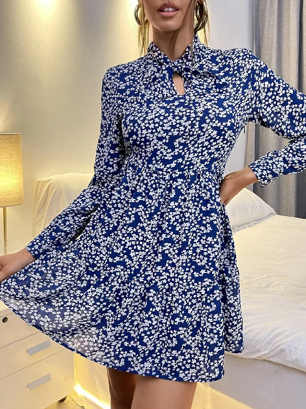 Ditsy Floral Ruffle Hem Long Sleeve Tie Neck Flared High Waist Short Dress