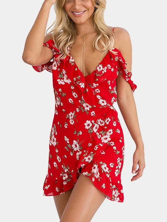 Wholesale Red Short Sleeve Floral Print Lace-Up Wrap Mini Dress