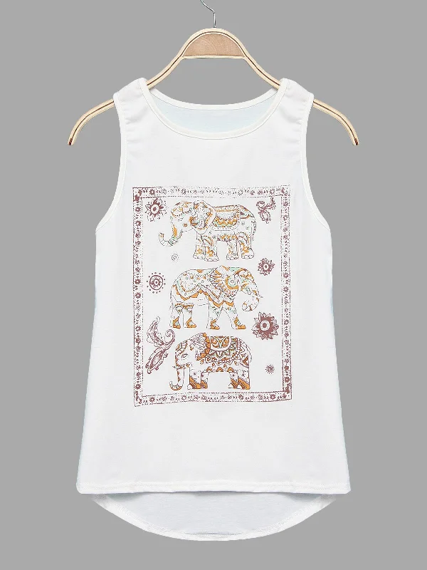 Custom Round Neck Printed Sleeveless White Camis