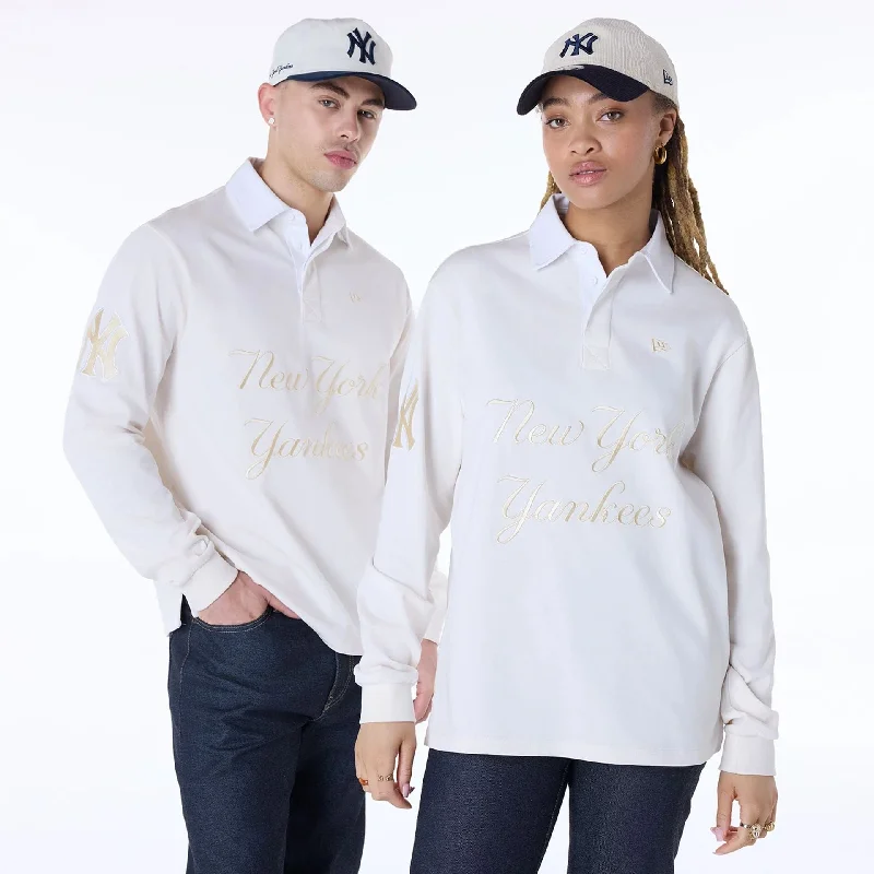 New York Yankees MLB Script Open White Long Sleeve Polo