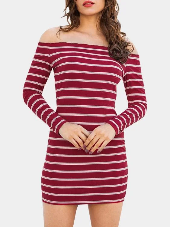 Wholesale Off The Shoulder Stripe Long Sleeve Bodycon Hem Red Mini Dress