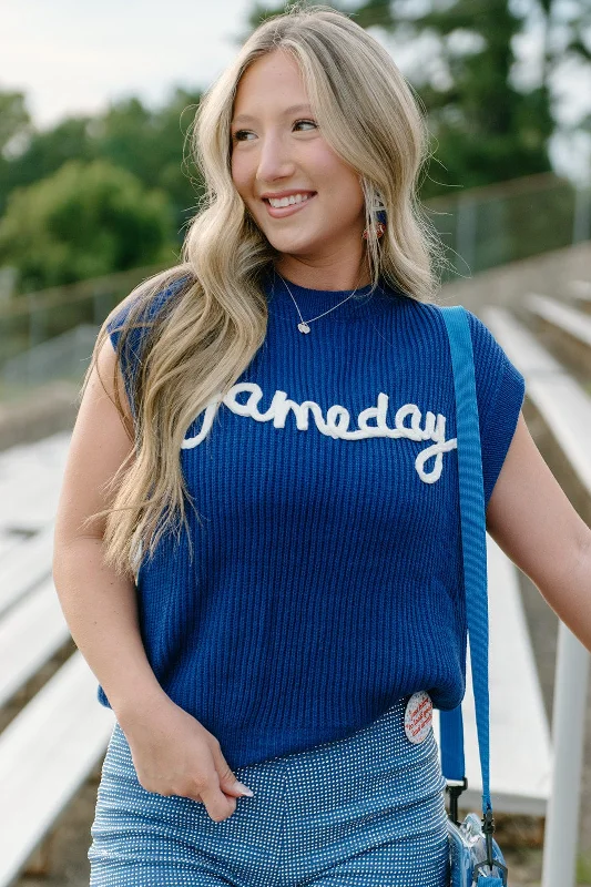 Blue Gameday Embroidered Knit Top