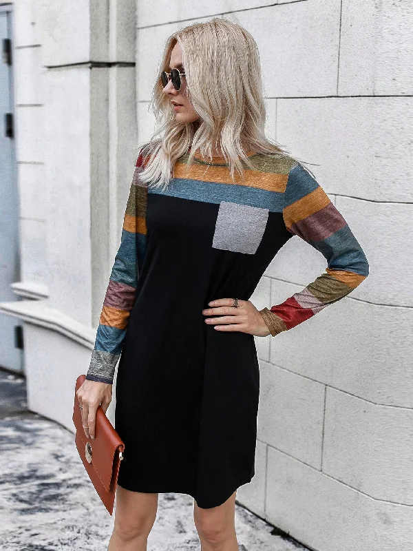 Colorblock Long Sleeve Round Neck Straight Natural Short Dress