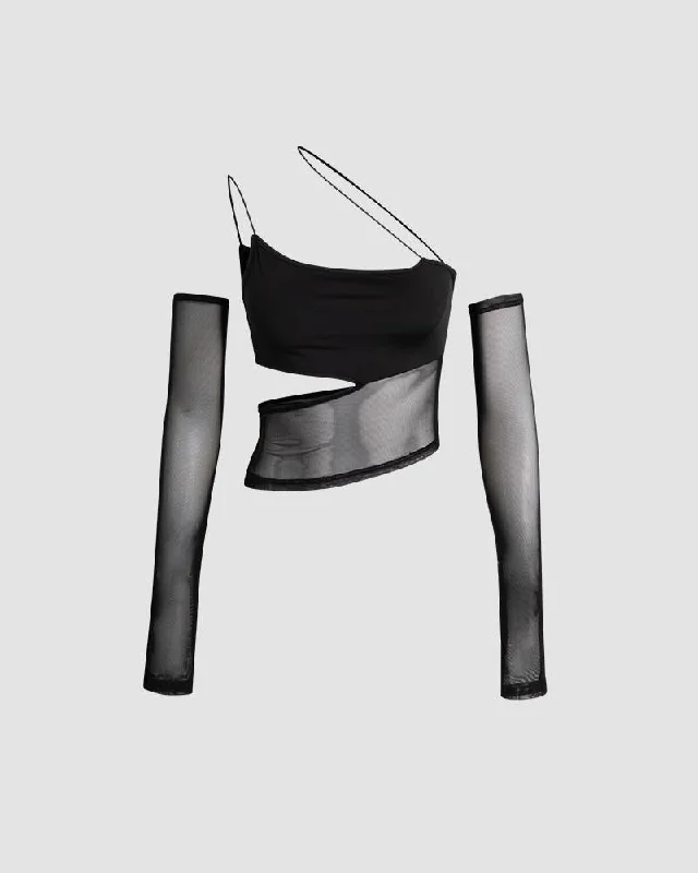 Victress Asymmetric Cami Mesh Top with Gloves Cashmere