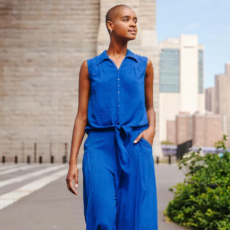 Soft Textured Rayon - Sleeveless Button Down Tie Hem Top - Cobalt Casual Women's Loose - fitting Soft Textured Rayon - Sleeveless Button Down Tie Hem Top - Cobalt Casual Women's Loose - fitting